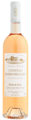 a pink wine bottle with white cap of le pétale de rose, organic rosé wine of barbeyrolles vineyard, france