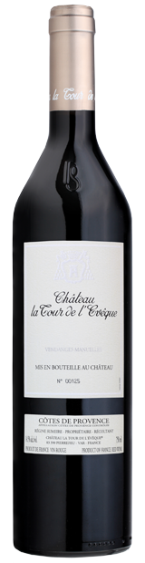 dark bottle of white wine with white lable of le blanc de blancs, organic wine of barbeyrolles vineyard, france